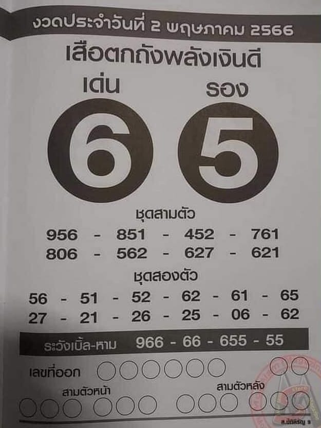หวยเสือตกถังพลังเงินดี 2-5-66